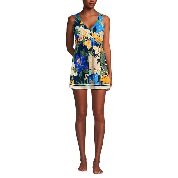 Land's End Slender Suit Wrap Dress soft cup Navy  floral Blooms Border size Var - Picture 8 of 9